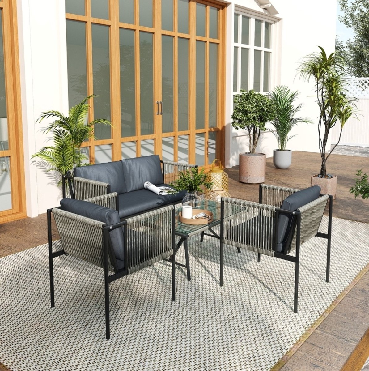 COVREO Loungeset 116 x 65 x 68 cm grijs, polyrattan en staalframe met kussens