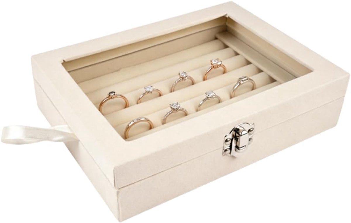 SnelShoppen - Luxe Sieraden Organizer met Transparante Deksel, Velours Sieradenbox met 7 Compartimenten, Beige Opbergdoos voor Ringen, Oorbellen en Br