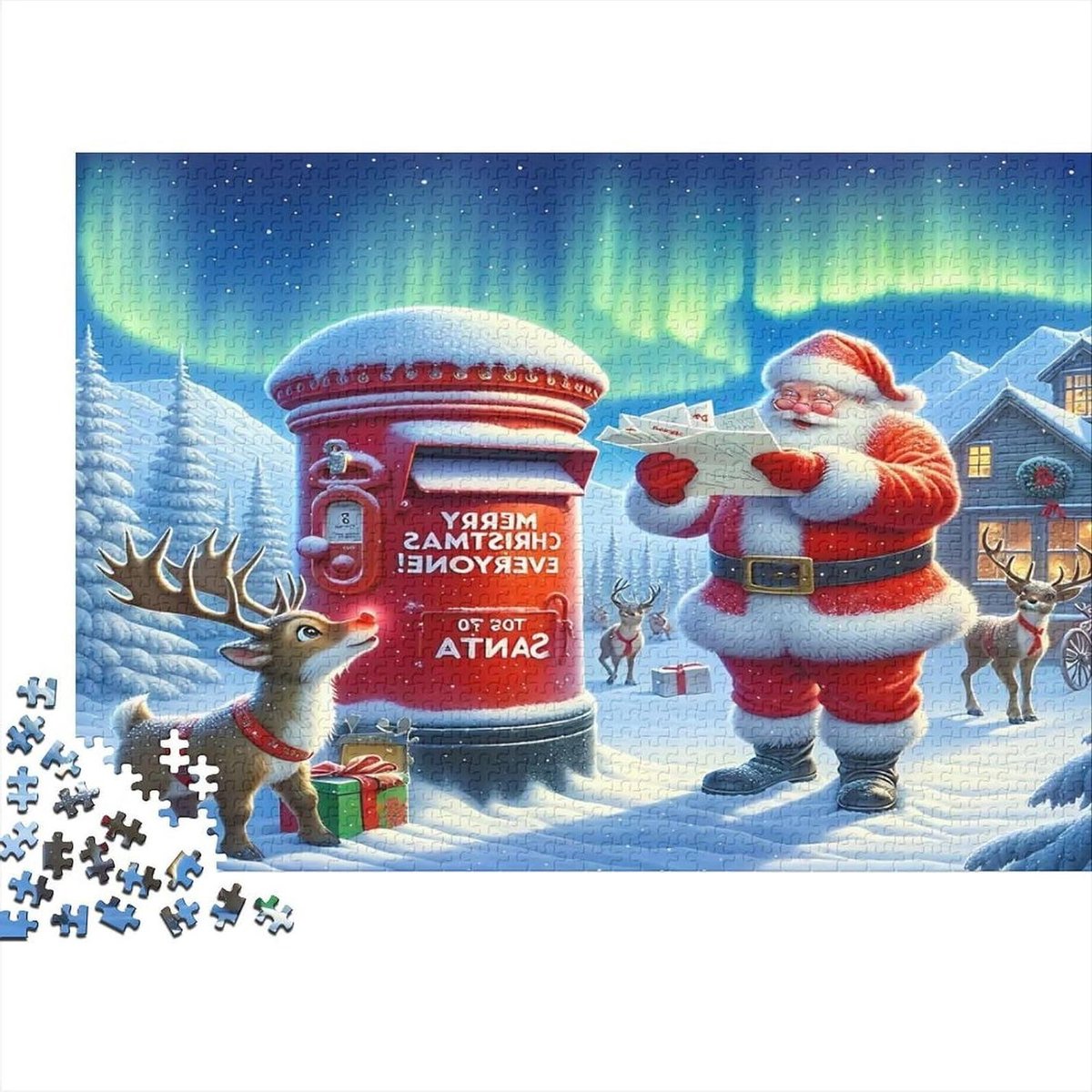 Kerstman met brievenbus - Puzzel volwassenen - Ontspanning thuis - Winterse kerstscène - 1000 stukjes 38x26cm - Rood