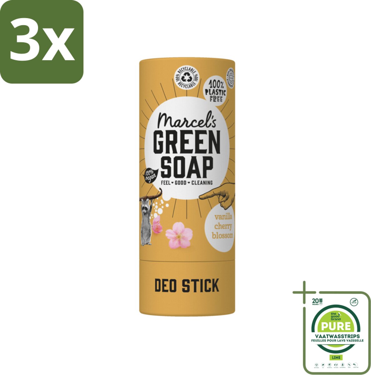 3 x Marcel's Green Soap - Deodorant Stick - Vanille & Kersenbloesem - Langdurige frisheid - 40 gr - Grootverpakking - Duurzame Deodorant - Natuurlijke Deodorant - Biologische Deodorant - Vegan Deodorant - Aluminiumvrije Deodorant
