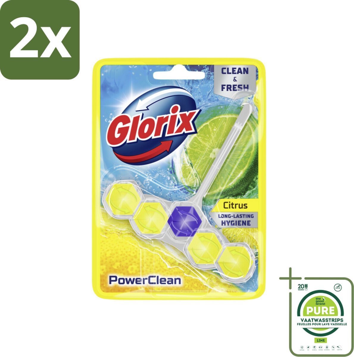 Glorix - Toiletblok - Power Clean Citroen - Fris & Citroen - 1 blok - Voordeelverpakking - 2 stuks - Toiletblok - Toilet schoonmaken