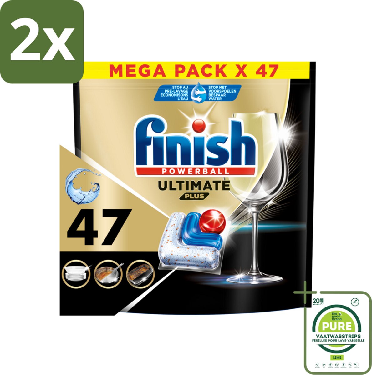 Finish - Vaatwasmiddel - Ultimate Plus All in One Regular - Krachtige Alles-in-1 Reiniging - 47 capsules - Voordeelverpakking - 2 stuks - Vaatwastablet - Vaatwasser tabletten