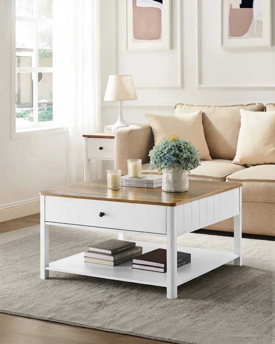 Archi Salontafel – Vierkante Tafel – Bijzettafel - 2 Grote Lades – Open Opbergvak – Maritieme Stijl – Walnoot/Wit – 80 × 80 × 45 cm