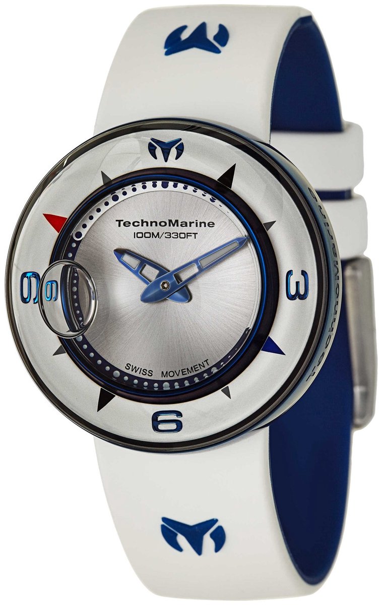 TechnoMarine Aquasphere 813001 Herenhorloge – 42 mm – Swiss Quartz – Zilverkleurige Dial – Blauw/Witte Silicone Band – 10 ATM