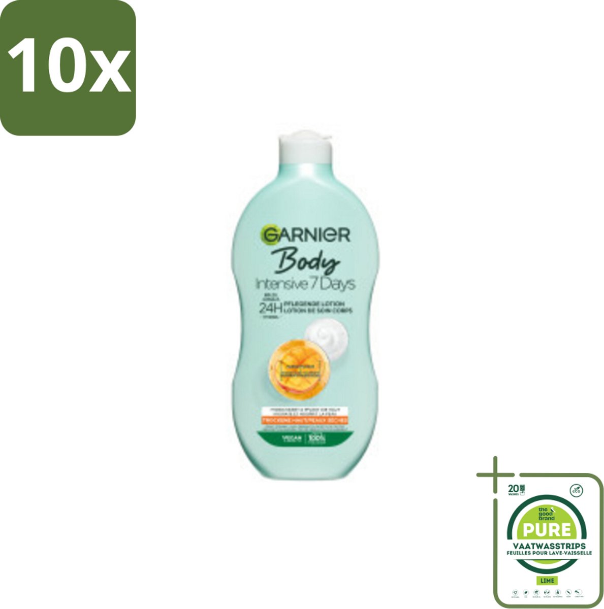10 x Garnier - Body - Bodylotion - Intensive 7 Days - Verzorgend - Mango-extract & Probiotica - 400 ml - Grootverpakking - Bodylotion - Intensieve Hydratatie - Droge Huid - Mango Extract - Probiotica
