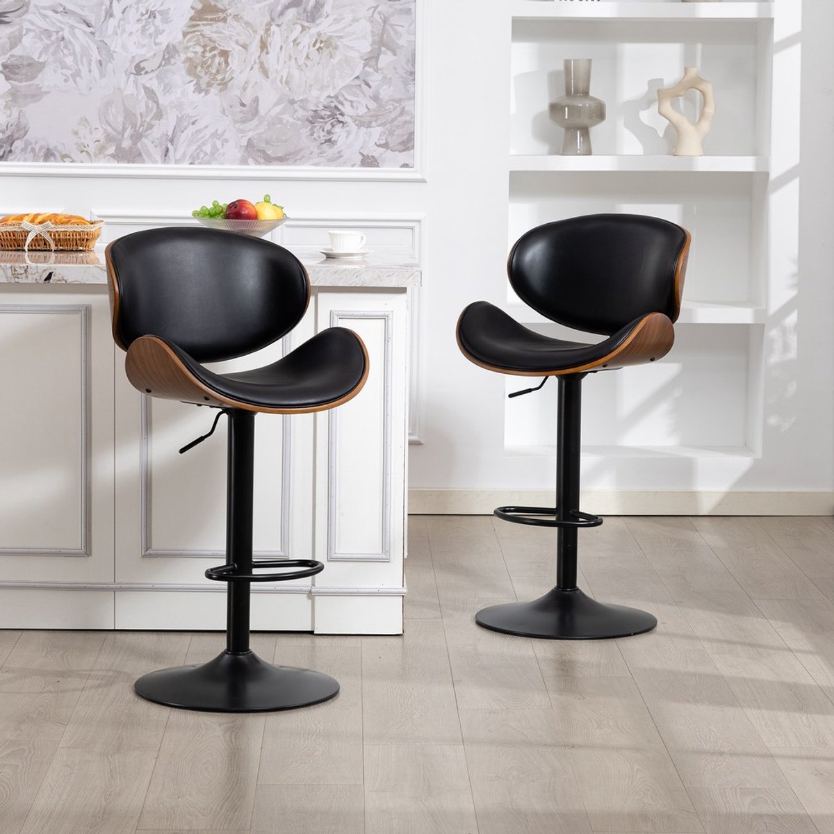 Pugsdrly Draaibare barkrukken, set van 2, in hoogte verstelbare barkrukken van gebogen hout, barkruk met PU-leren bekleding, ergonomische rugleuning en voetsteun, barkrukken voor de bar of het keukeneiland thuis