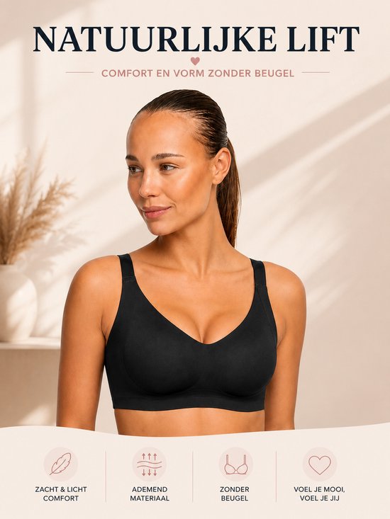 Model met zwarte, naadloze beugel-bh, met een natuurlijke lift, zacht en licht comfort.