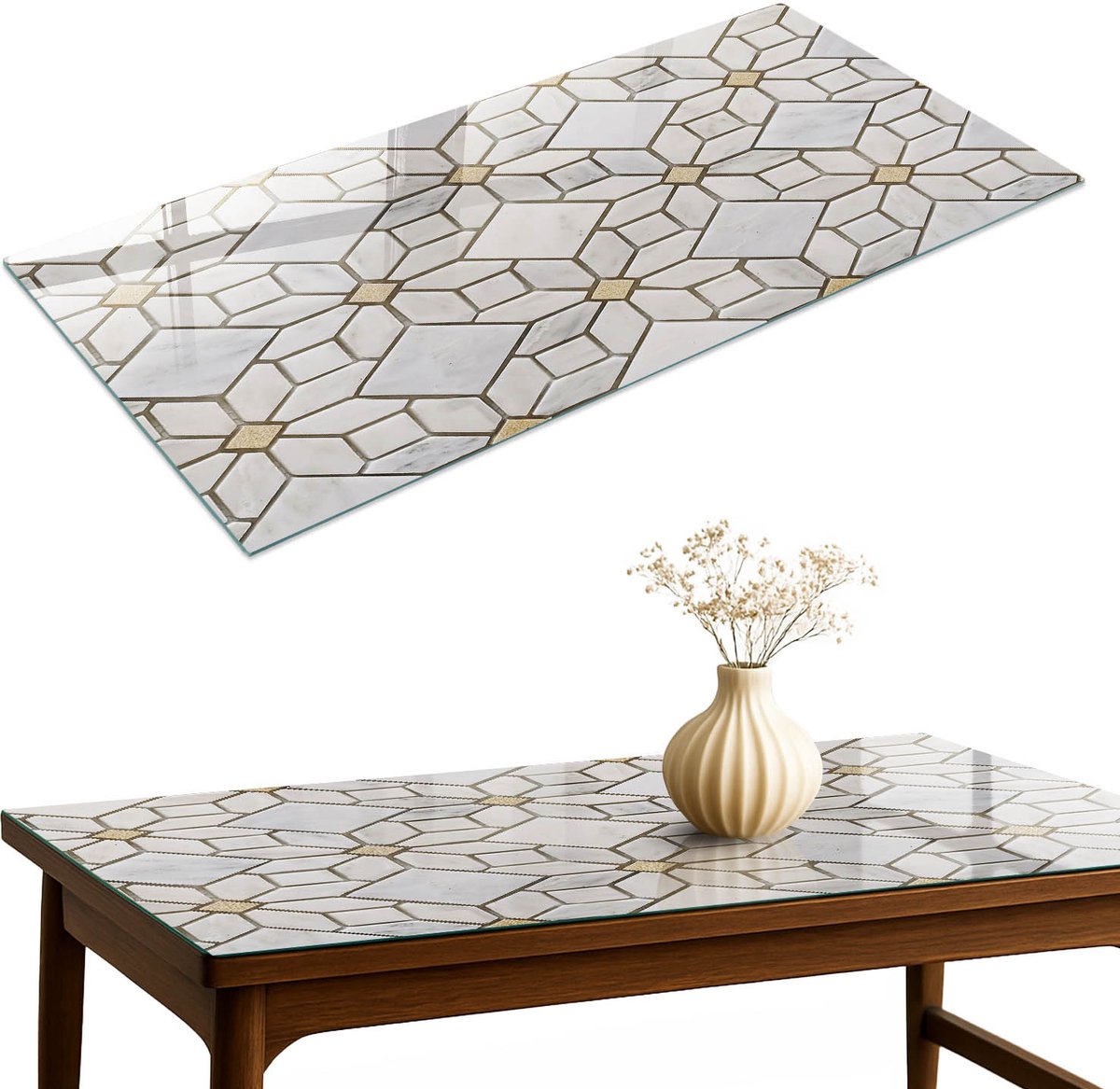 ArtPrintCave Elegant mozaïek Glazen Tafelblad 140x70 cm - Tafelblad Rechthoek - Wit Eettafel Met Glasplaat - Geometrie Terrastafel