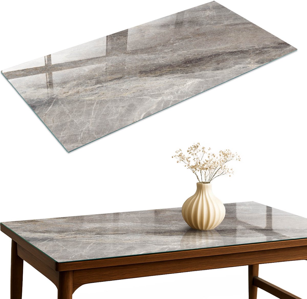 ArtPrintCave Steenstructuur Glazen Tafelblad 140x70 cm - Tafelblad Rechthoek - Grijs Tafelblad Glas - Teksten Keukentafel