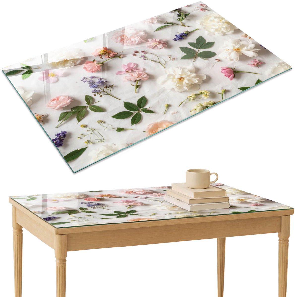ArtPrintCave Bloemarrangement Glazen Tafelblad 120x80 cm - Tafelblad Rechthoek - Wit Keukentafel - Bloemen en planten Keukentafel