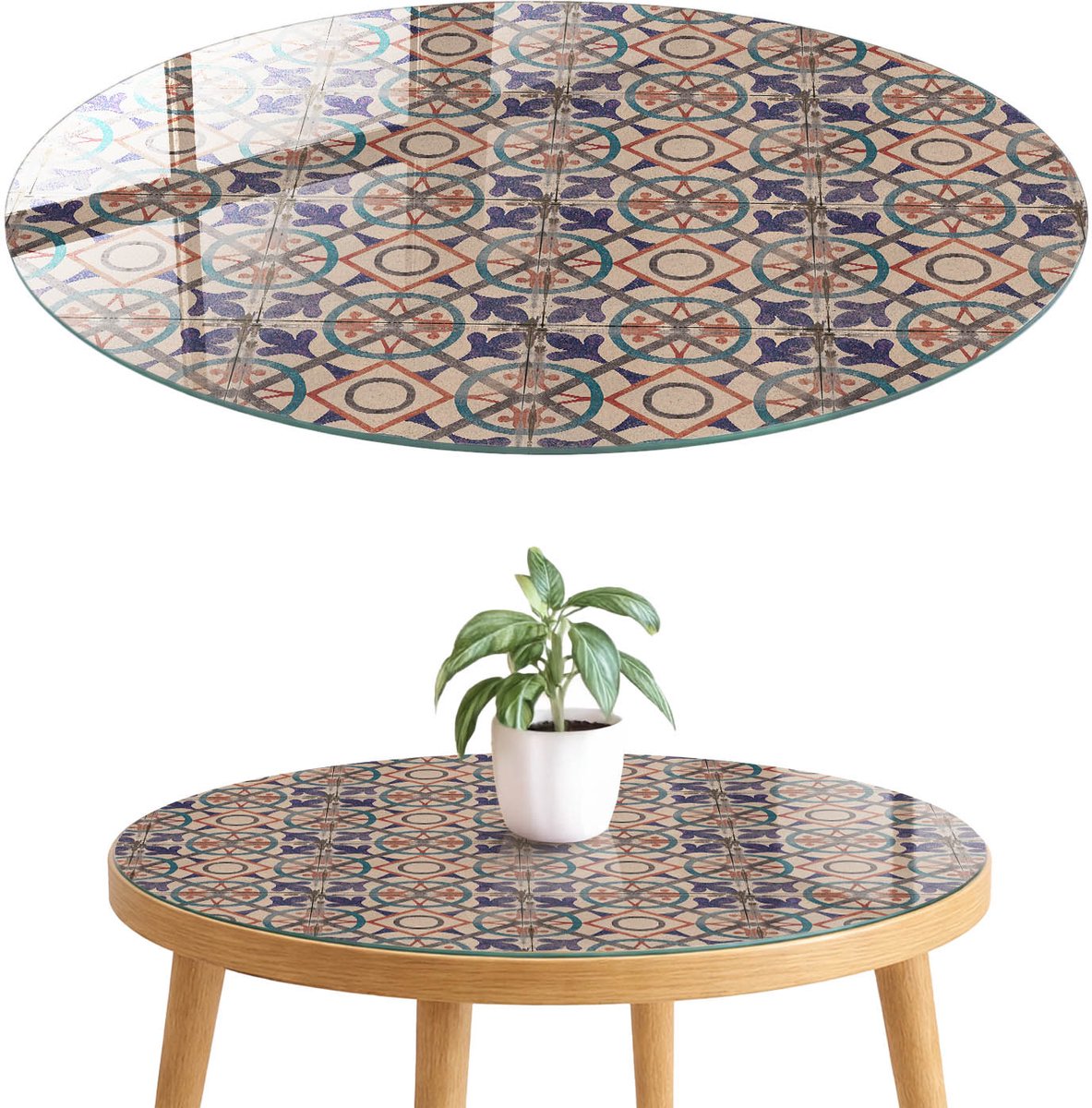 ArtPrintCave Geometrische tegels Glazen Tafelblad fi70 cm - Tafelblad Rond - Paars Keukentafel - Achtergronden en patronen Glazen Eettafel