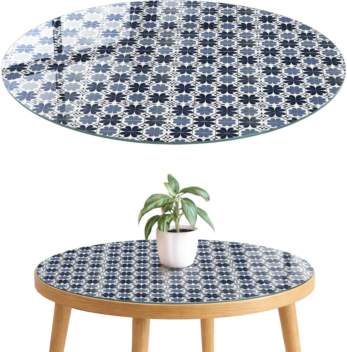 ArtPrintCave Blauwe bloemen Glazen Tafelblad fi70 cm - Tafelblad Rond - Blauw Bureaublad - Achtergronden en patronen Bureaublad