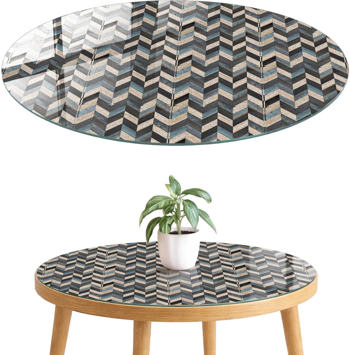 ArtPrintCave Chevronpatroon Glazen Tafelblad fi70 cm - Tafelblad Rond - Grijs Keukentafel - Achtergronden en patronen Terrastafel