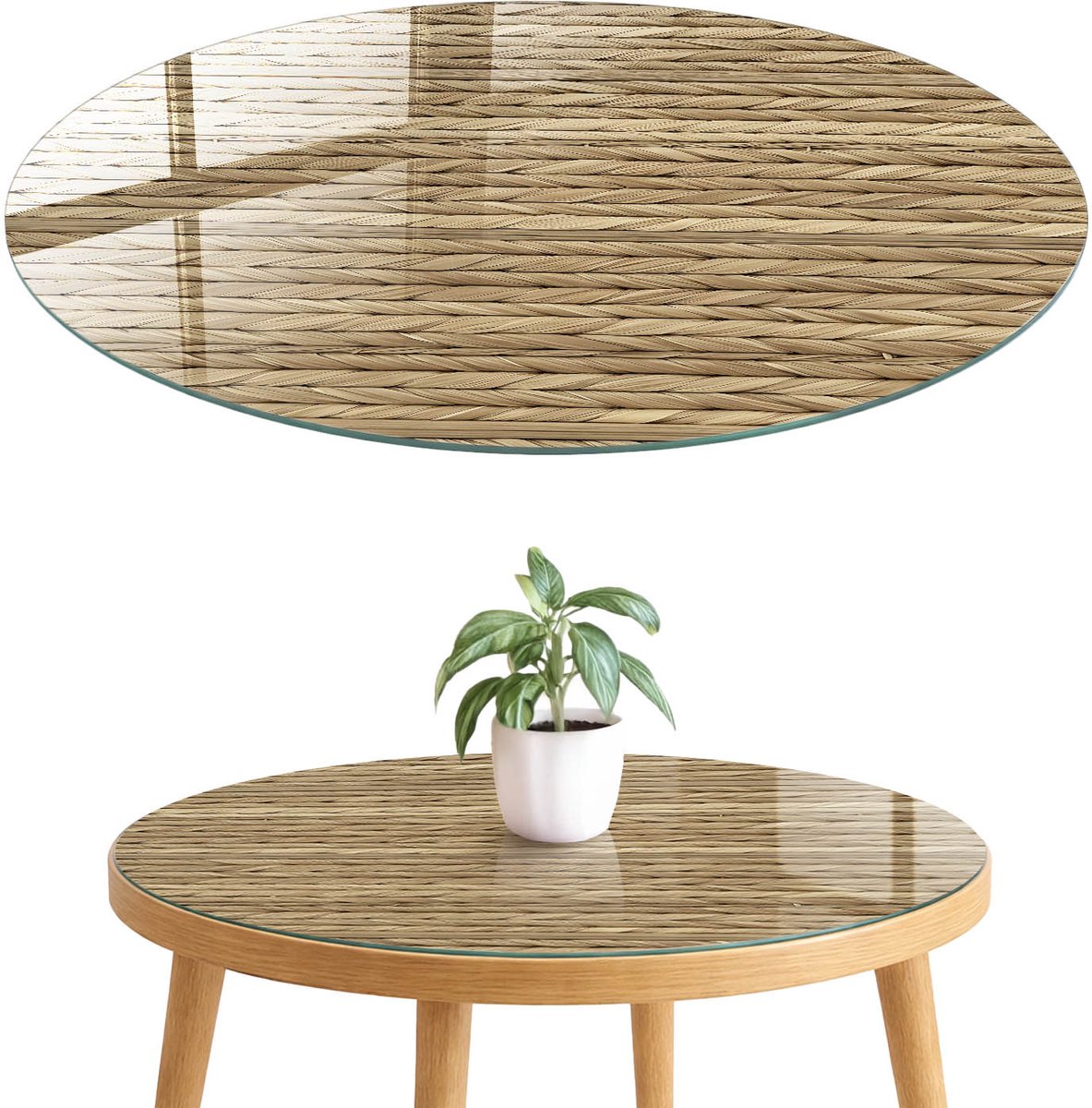 ArtPrintCave Vlechtpatroon Glazen Tafelblad fi70 cm - Tafelblad Rond - Beige Terrastafel - Texturen Keukentafel