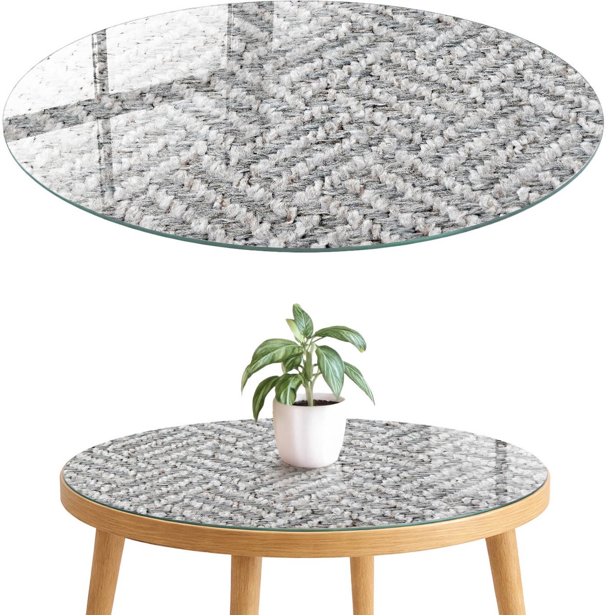 ArtPrintCave Grijze visgraat Glazen Tafelblad fi70 cm - Tafelblad Rond - Grijs Eettafel Met Glasplaat - Teksten Terrastafel