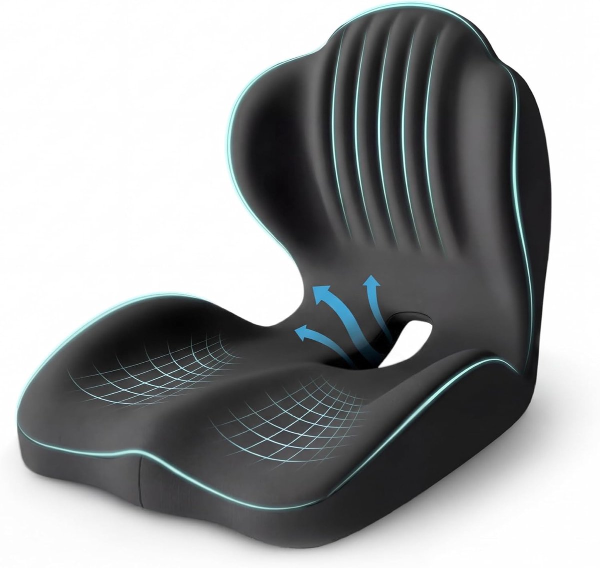 Zitkussen - Lendensteun - L-vorm - Traagschuim - Orthopedisch zitkussen - Rugkussen - Ergonomisch - Voor bureaustoel, auto en vrachtwagen - 40*44*37cm - Zwart