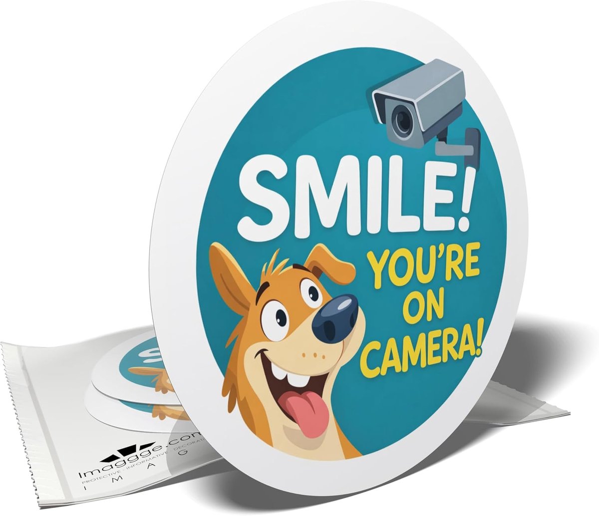 SnelShoppen - Waarschuwingsstickers - Beveiligingscamera - Glimlach. Je bent op camera (hond) - 3 ronde stickers - 10 cm diameter - Waterdicht voor bi