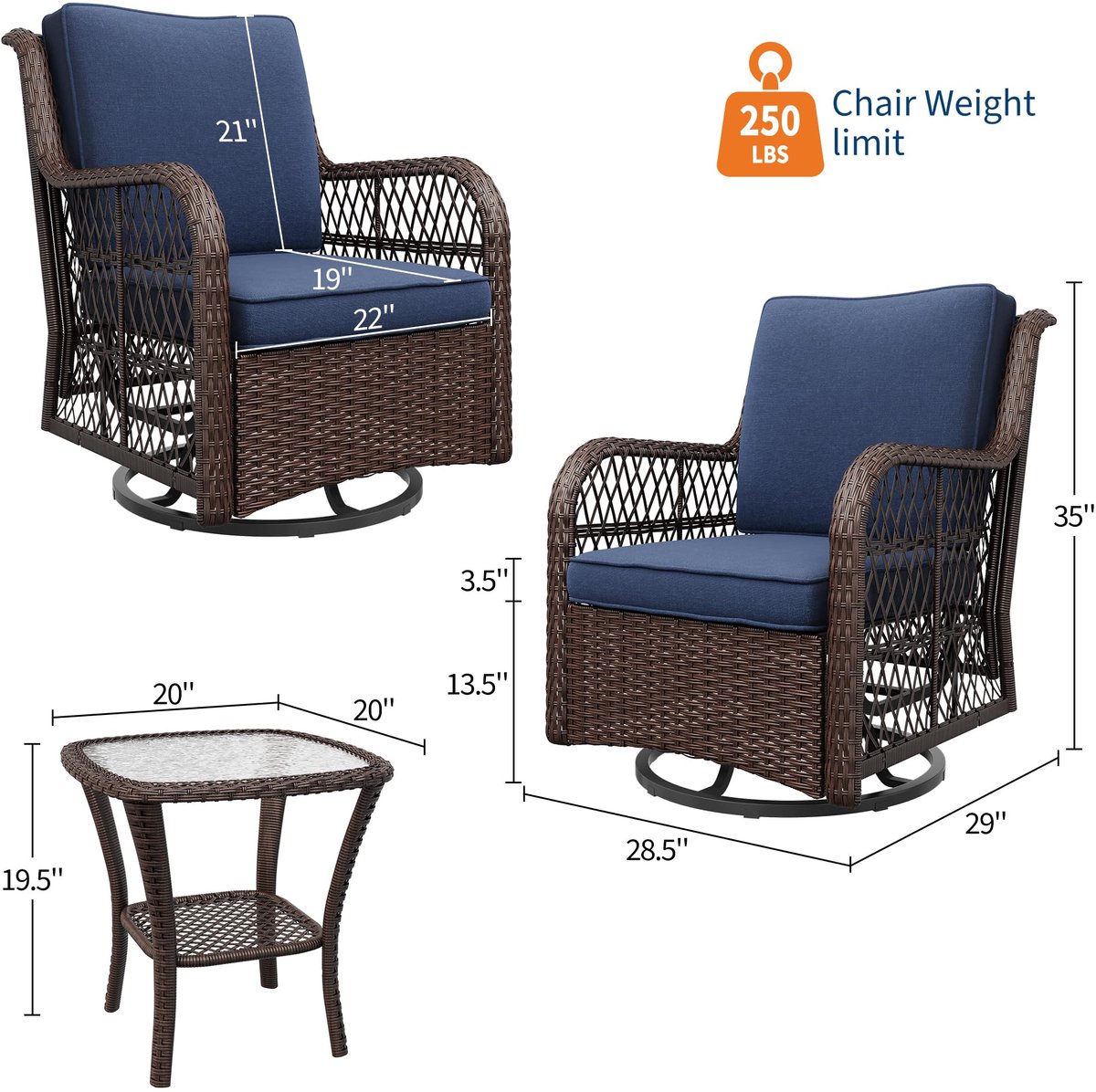 Triumpunpre 3-delige Bistro Tuinset met 360° Draaistoelen - PE Rotan Balkonset met Gehard Glas Tafel - Weerbestendige Terrasmeubelen voor Tuin en Balkon - Blauw