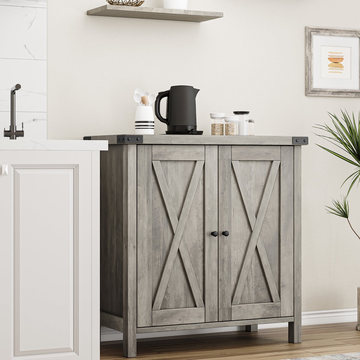 Grijs Dressoir met 2 Deuren - Keukenkast 76 x 40 x 80 cm - Landelijke Buffetkast met Verstelbare Plank - Houten Poten - Opbergkast voor Keuken, Woonkamer en Gang - Grijs