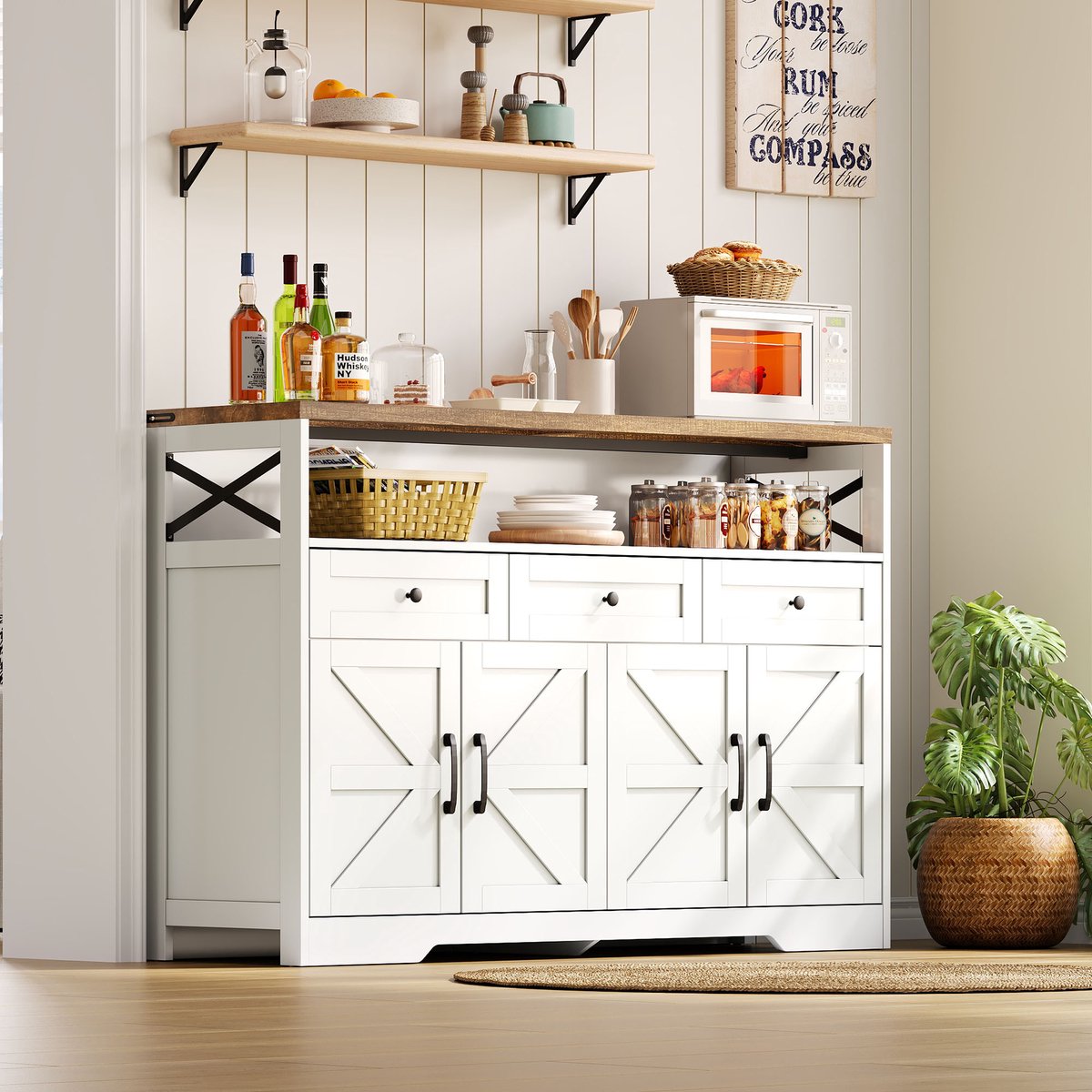 Buffetkast 140cm - Met ruime opbergruimte - Koffiebar met 3 laden - Deuren met legplanken - Landelijke stijl - Rustieke kleuren wit/braun