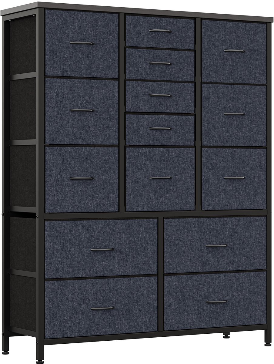 Triumpunpre - Hoge ladekast – 15 grote lades – Houten blad – Metalen frame – Met handgrepen – Opbergmeubel Voor slaapkamer – Grijs