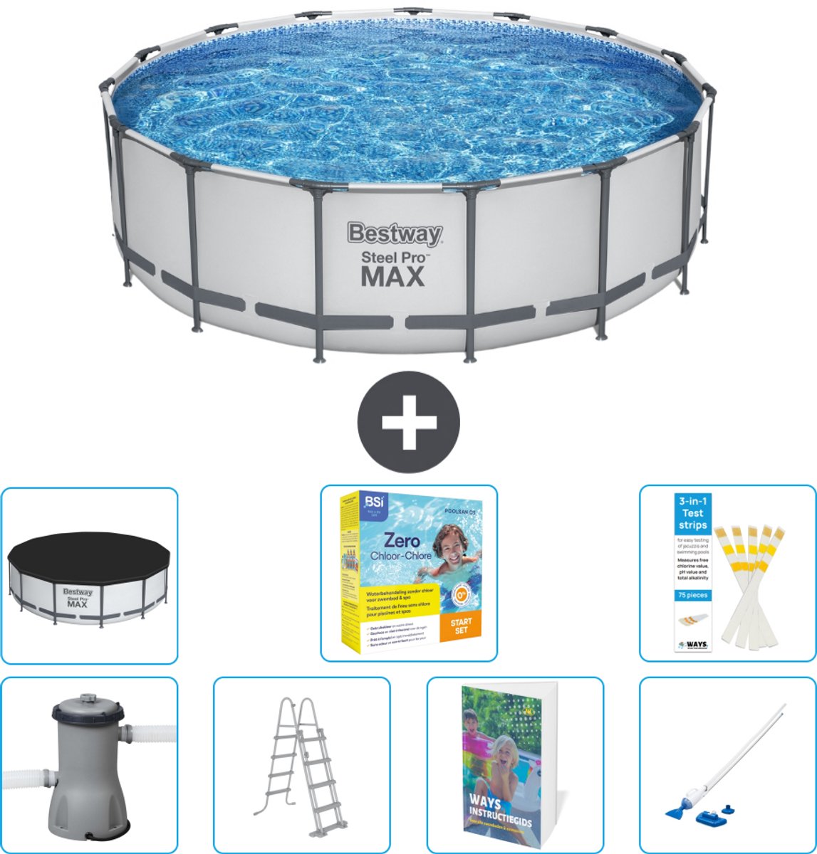 Bestway Rond Steel Pro MAX Zwembad - 457 x 122 cm - Grijs - Inclusief Pomp - Ladder - Afdekzeil - Onderhoudspakket - Stofzuiger - 8-delig