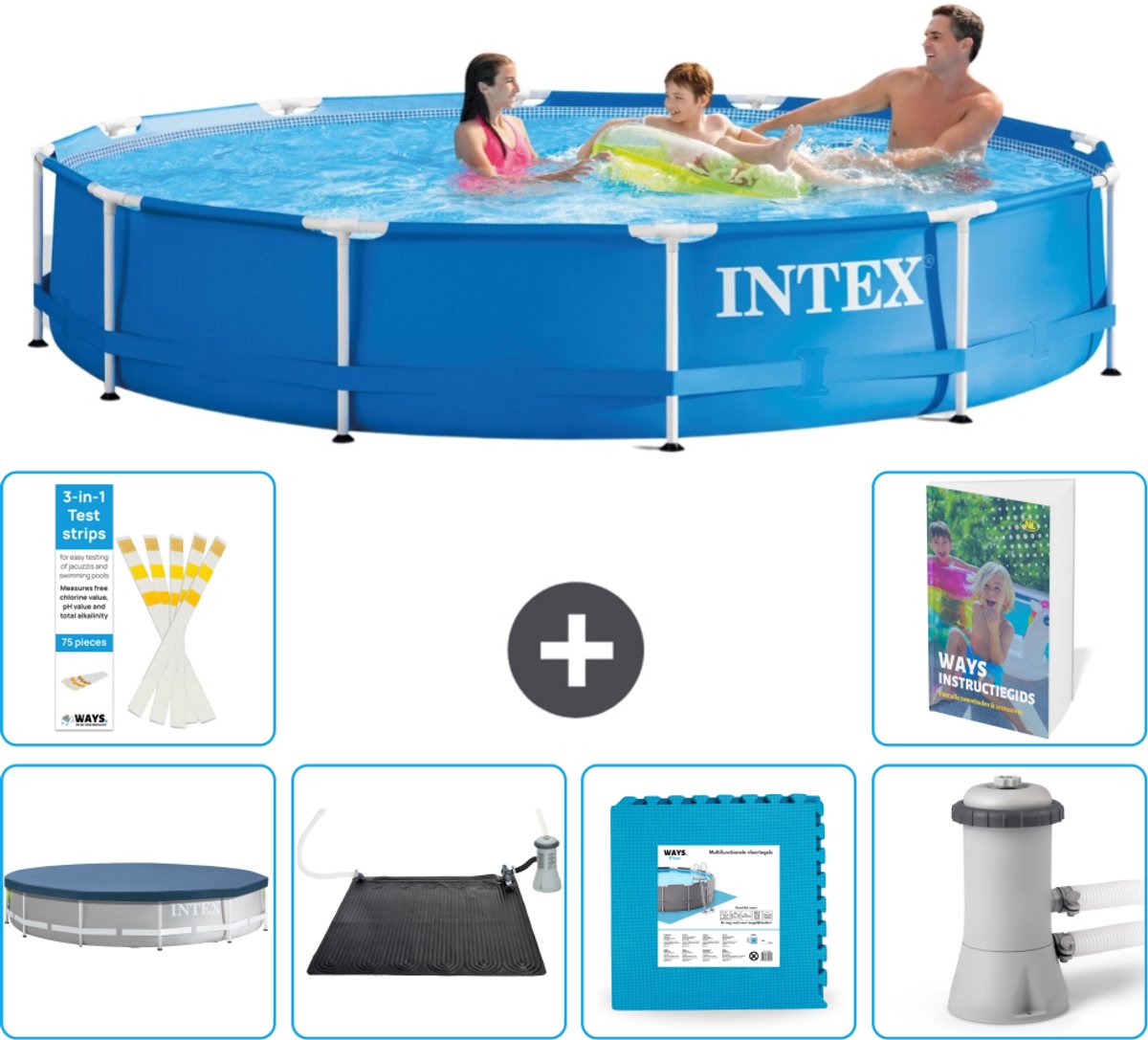 Intex Rond Frame Zwembad - 366 x 76 cm - Blauw - Inclusief Afdekzeil - Solar Mat - Vloertegels - Zwembadfilterpomp - 7-delig