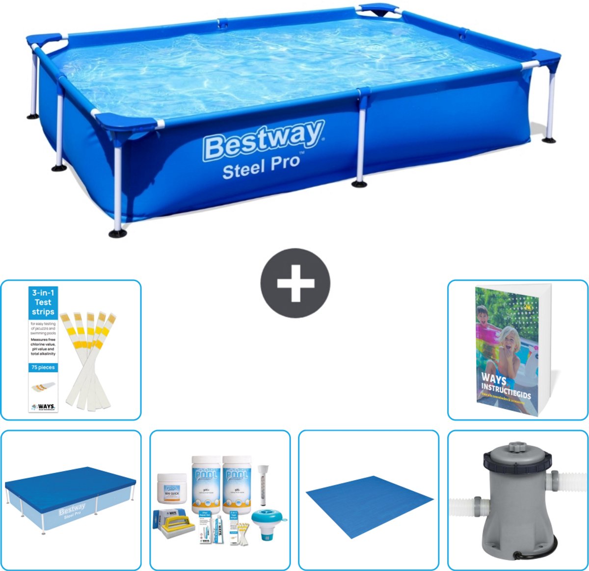 Bestway Rechthoekig Steel Pro Zwembad - 221 x 150 x 43 cm - Blauw - Inclusief Afdekzeil - Onderhoudspakket - Grondzeil - Zwembadfilterpomp - 7-delig