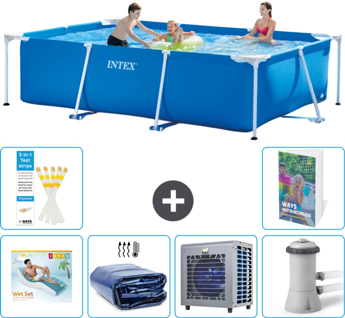 Intex Rechthoekig Frame Zwembad - 300 x 200 x 75 cm - Blauw - Inclusief Loungebed - Solarzeil - Warmtepomp - Zwembadfilterpomp - 7-delig