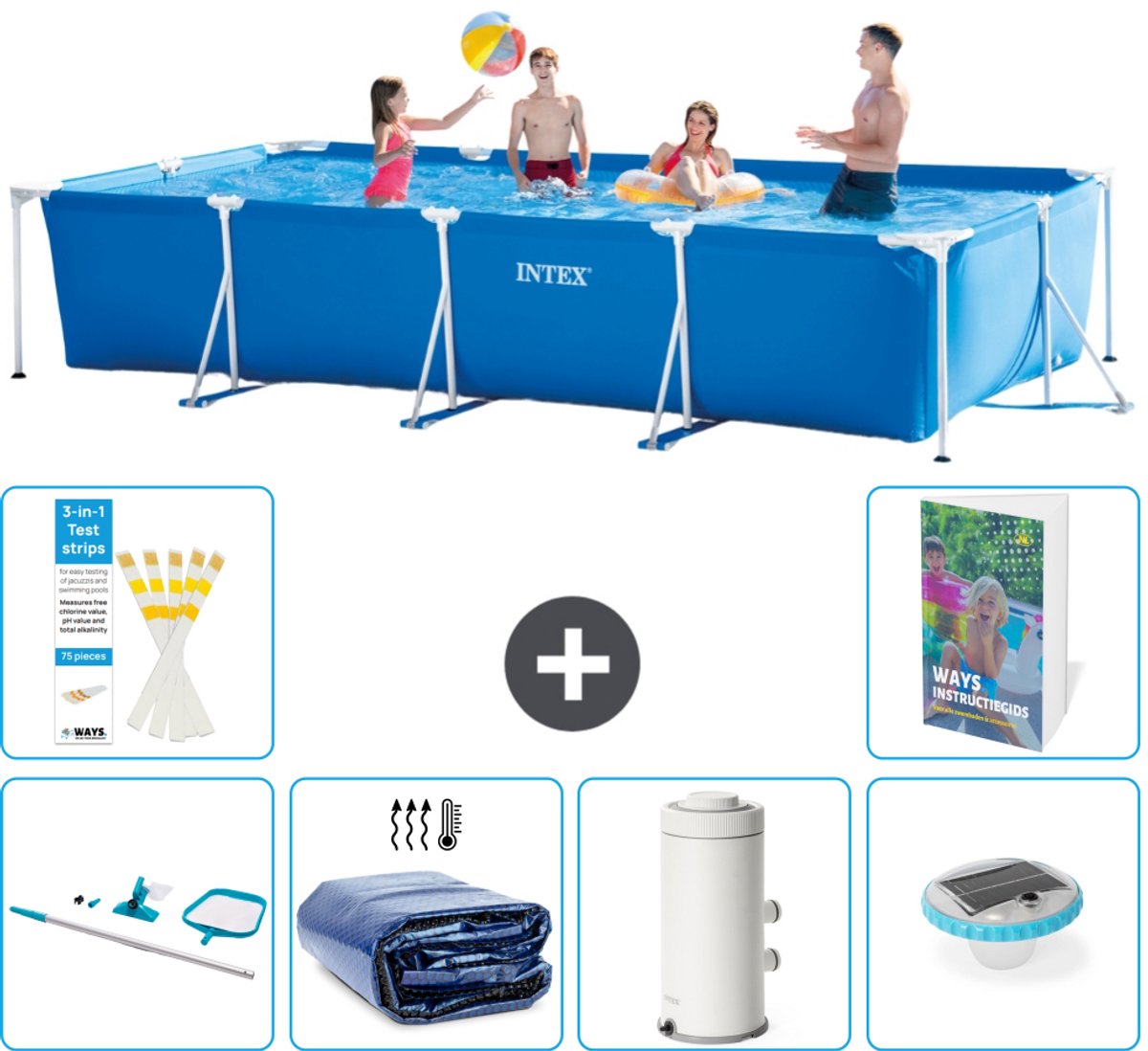 Intex Rechthoekig Frame Zwembad - 450 x 220 x 84 cm - Blauw - Inclusief Schoonmaakset - Solarzeil - Zwembadfilterpomp - Verlichting - 7-delig