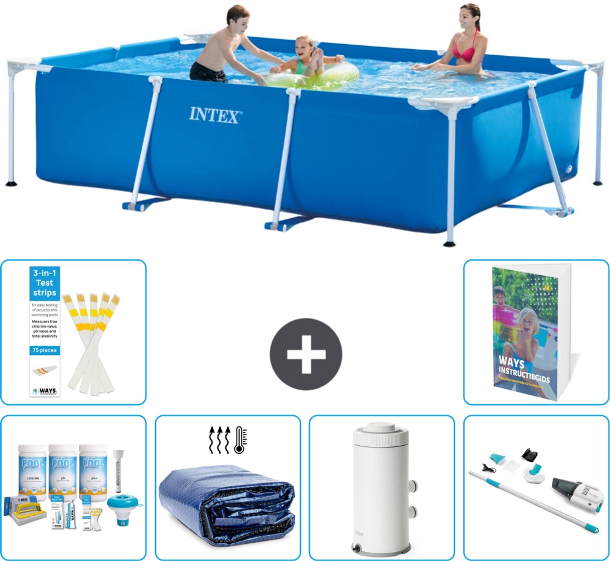 Intex Rechthoekig Frame Zwembad - 300 x 200 x 75 cm - Blauw - Inclusief Onderhoudspakket - Solarzeil - Zwembadfilterpomp - Stofzuiger - 7-delig