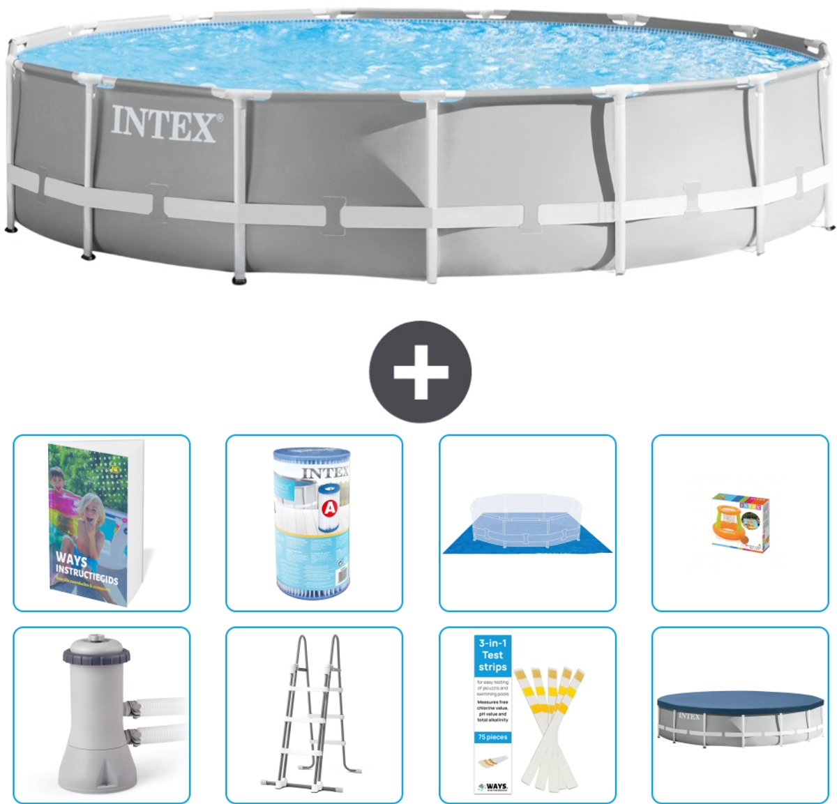 Intex Rond Prism Frame Zwembad - 457 x 107 cm - Grijs - Inclusief Pomp - Ladder - Grondzeil - Afdekzeil - Filter - Speelgoed - 9-delig