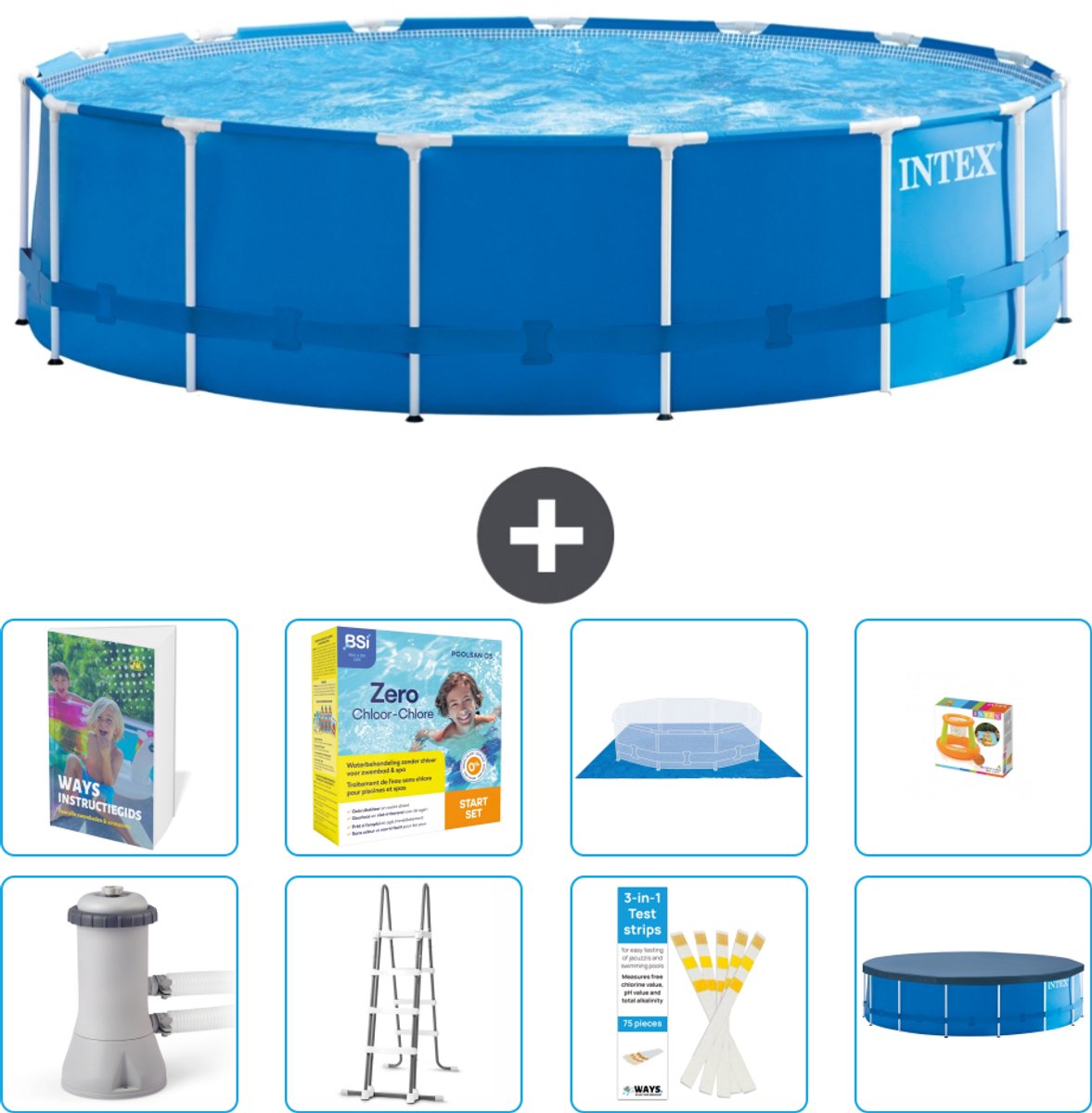 Intex Rond Frame Zwembad - 457 x 122 cm - Blauw - Inclusief Pomp - Ladder - Grondzeil - Afdekzeil - Onderhoudspakket - Speelgoed - 9-delig
