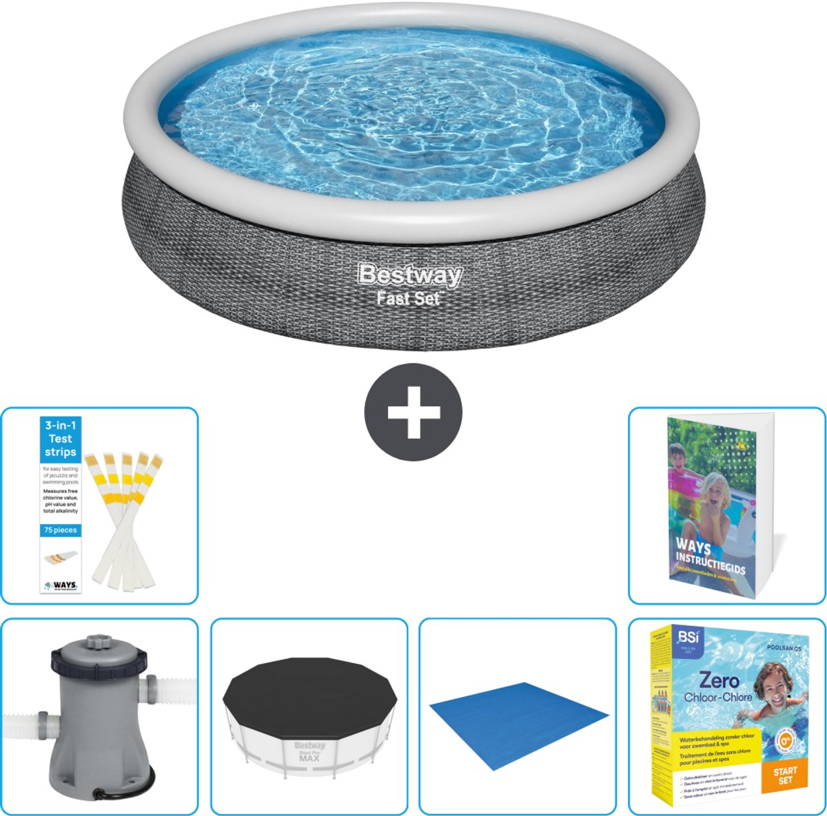 Bestway Rond Opblaasbaar Fast Set Zwembad - Rotanprint - 366 x 76 cm - Inclusief Pomp - Afdekzeil - Grondzeil - Onderhoudspakket - 7-delig