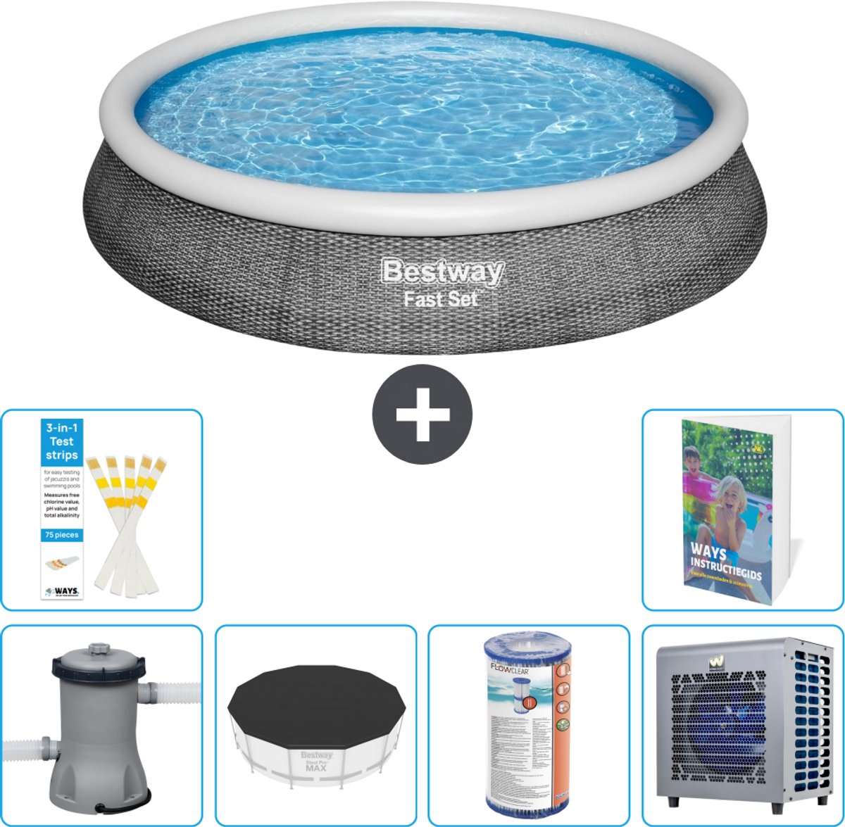 Bestway Rond Opblaasbaar Fast Set Zwembad - Rotanprint - 396 x 84 cm - Inclusief Pomp - Afdekzeil - Filter - Warmtepomp - 7-delig