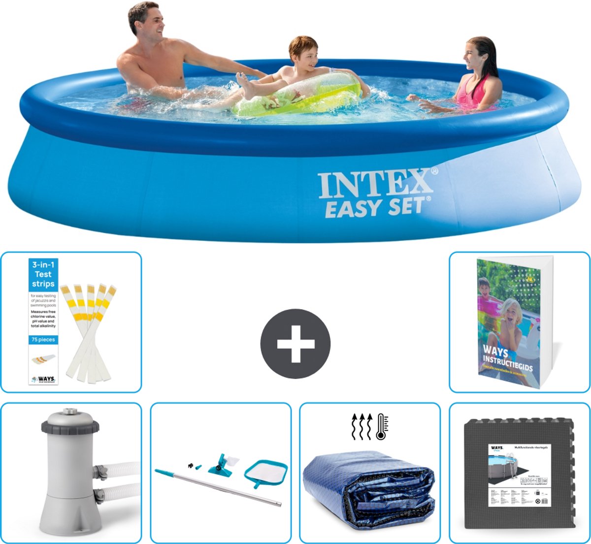 Intex Rond Opblaasbaar Easy Set Zwembad - 366 x 76 cm - Blauw - Inclusief Pomp - Schoonmaakset - Solarzeil - Vloertegels - 7-delig