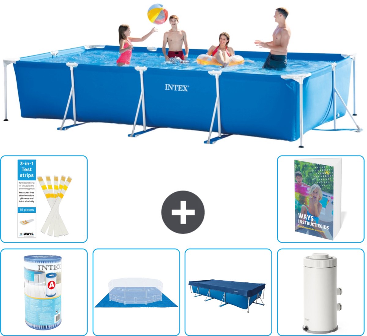 Intex Rechthoekig Frame Zwembad - 450 x 220 x 84 cm - Blauw - Inclusief Filter - Grondzeil - Afdekzeil - Zwembadfilterpomp - 7-delig