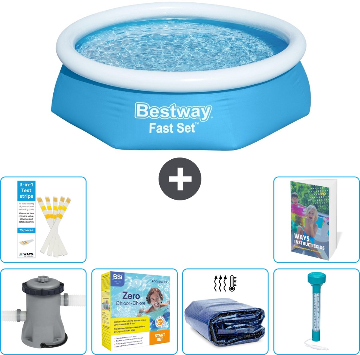 Bestway Rond Opblaasbaar Fast Set Zwembad - 244 x 61 cm - Blauw - Inclusief Pomp - Onderhoudspakket - Solarzeil - Thermometer - 7-delig
