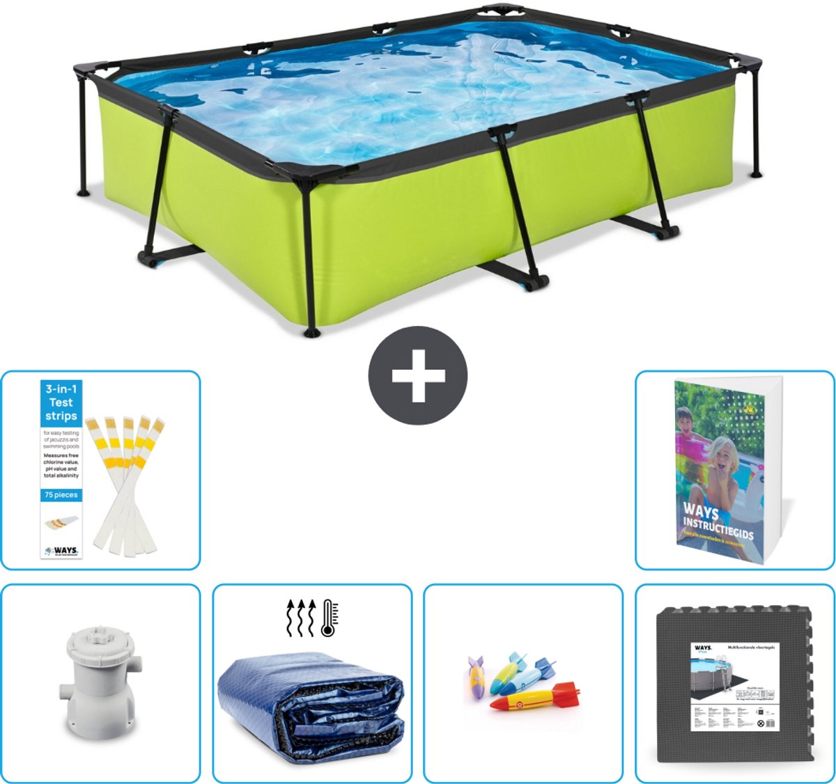 EXIT Rechthoekig Lime Frame Zwembad - 300 x 200 x 65 cm - Inclusief Pomp - Solarzeil - Speelgoed - Vloertegels - 7-delig