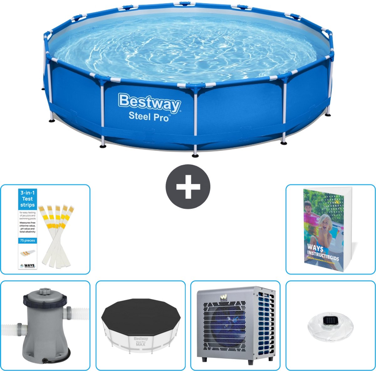 Bestway Rond Steel Pro Zwembad - 366 x 76 cm - Blauw - Inclusief Pomp - Afdekzeil - Warmtepomp - Verlichting - 7-delig