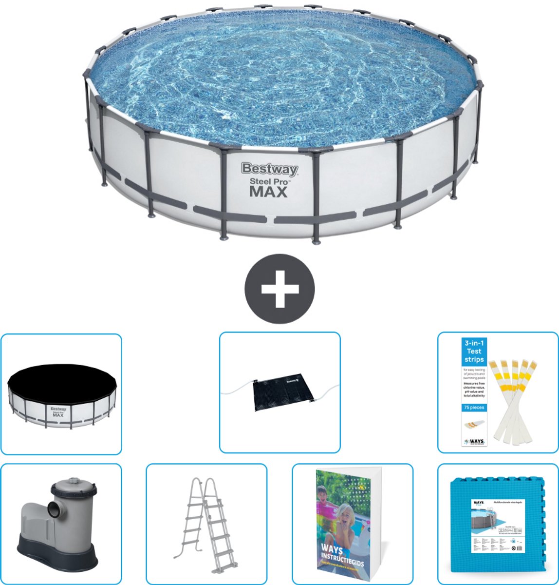 Bestway Rond Steel Pro MAX Zwembad - 549 x 122 cm - Grijs - Inclusief Pomp - Ladder - Afdekzeil - Solar Mat - Vloertegels - 8-delig