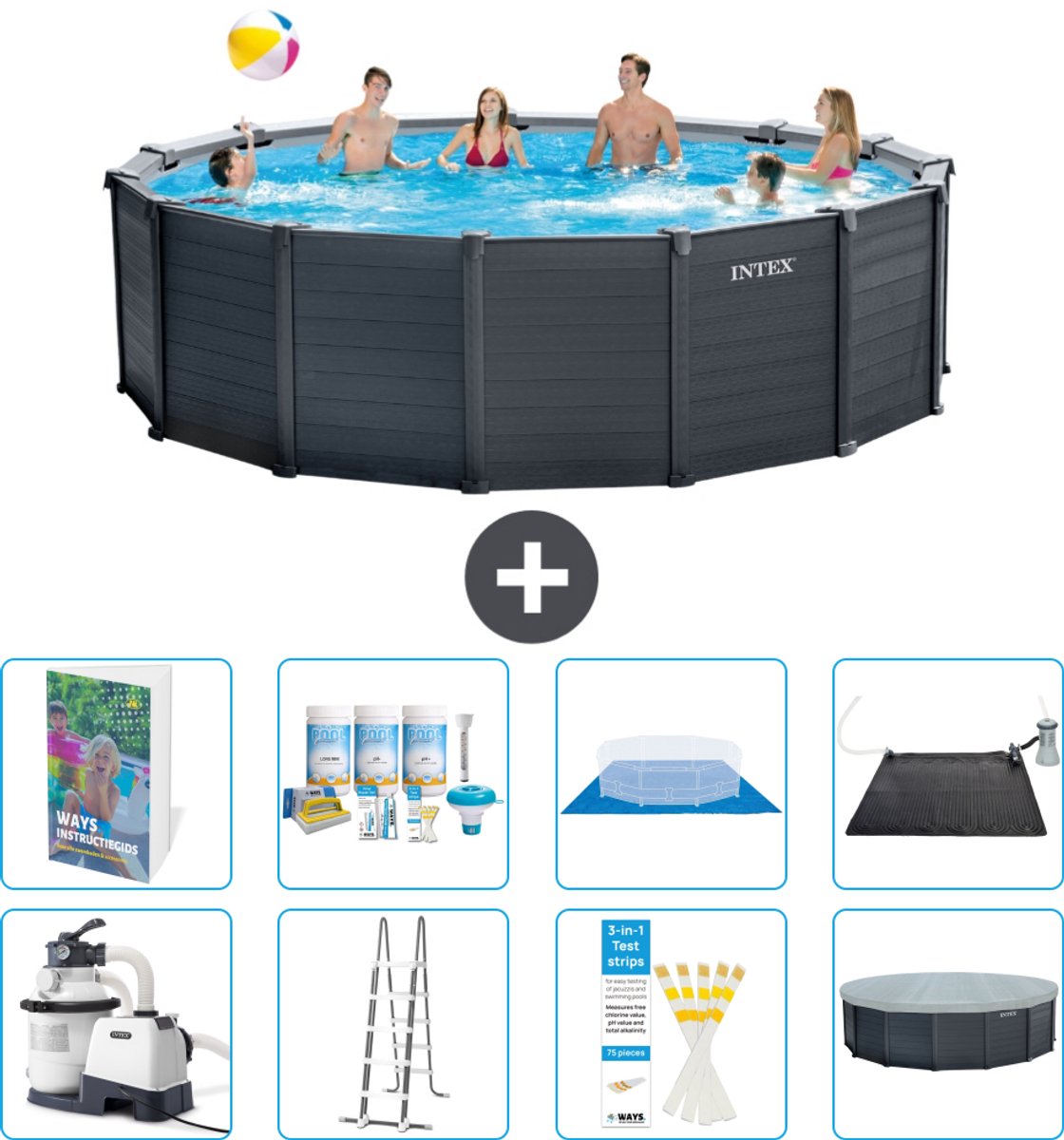 Intex Rond Graphite Gray Panel Zwembad - 478 x 124 cm - Inclusief Pomp - Ladder - Grondzeil - Afdekzeil - Onderhoudspakket - Solar Mat - 9-delig