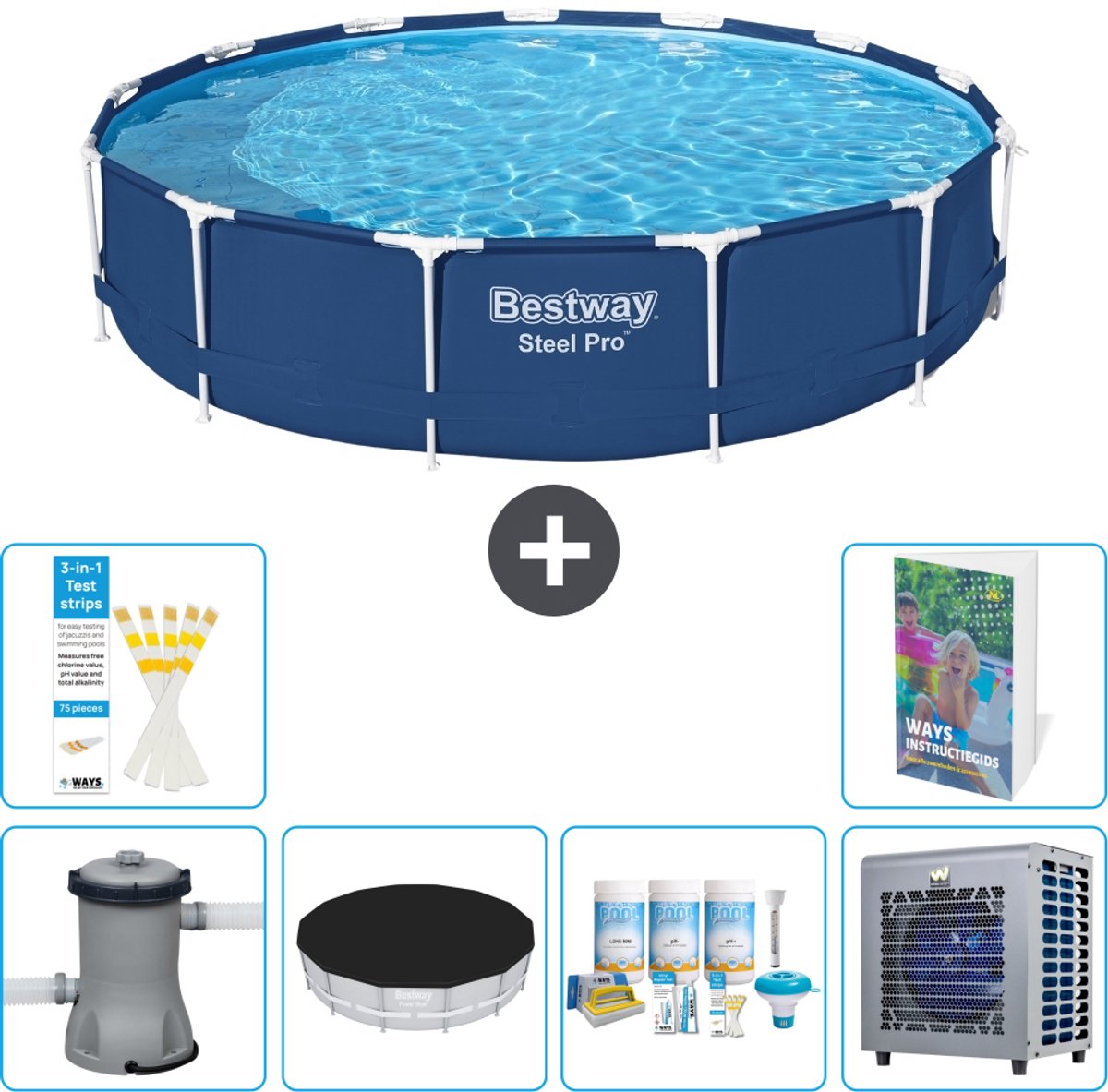 Bestway Rond Steel Pro Zwembad - 396 x 84 cm - Blauw - Inclusief Pomp - Afdekzeil - Onderhoudspakket - Warmtepomp - 7-delig