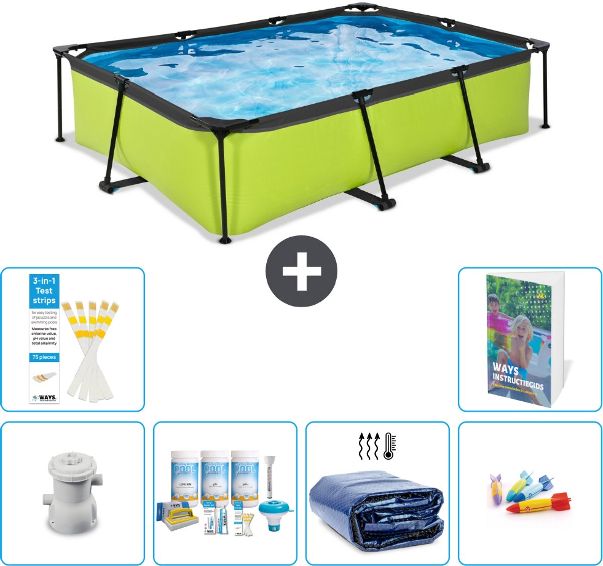 EXIT Rechthoekig Lime Frame Zwembad - 300 x 200 x 65 cm - Inclusief Pomp - Onderhoudspakket - Solarzeil - Speelgoed - 7-delig