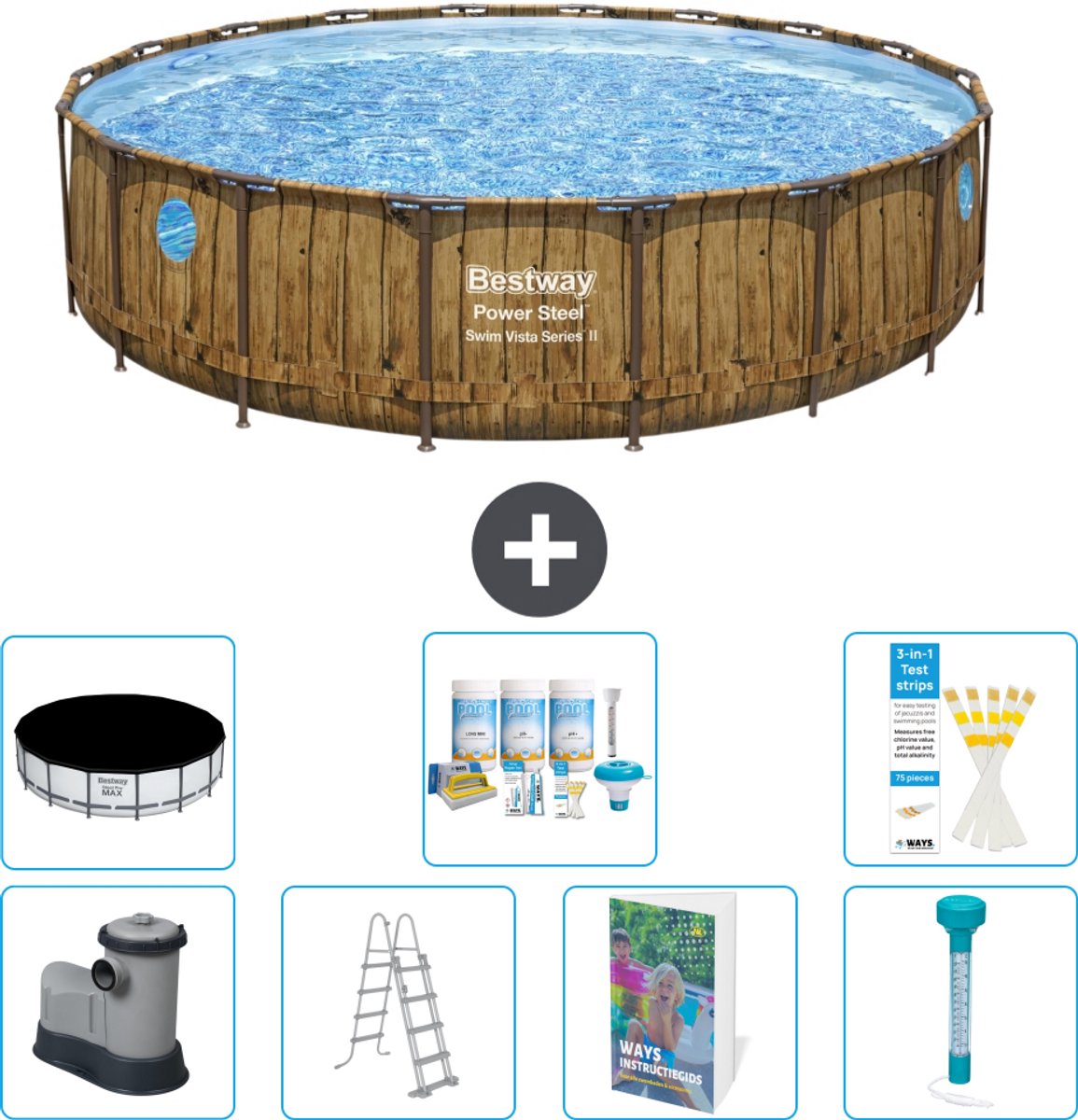 Bestway Rond Power Steel Swim Vista Zwembad - Houtprint - 549 x 122 - Inclusief Pomp - Ladder - Afdekzeil - Onderhoudspakket - Thermometer - 8-delig