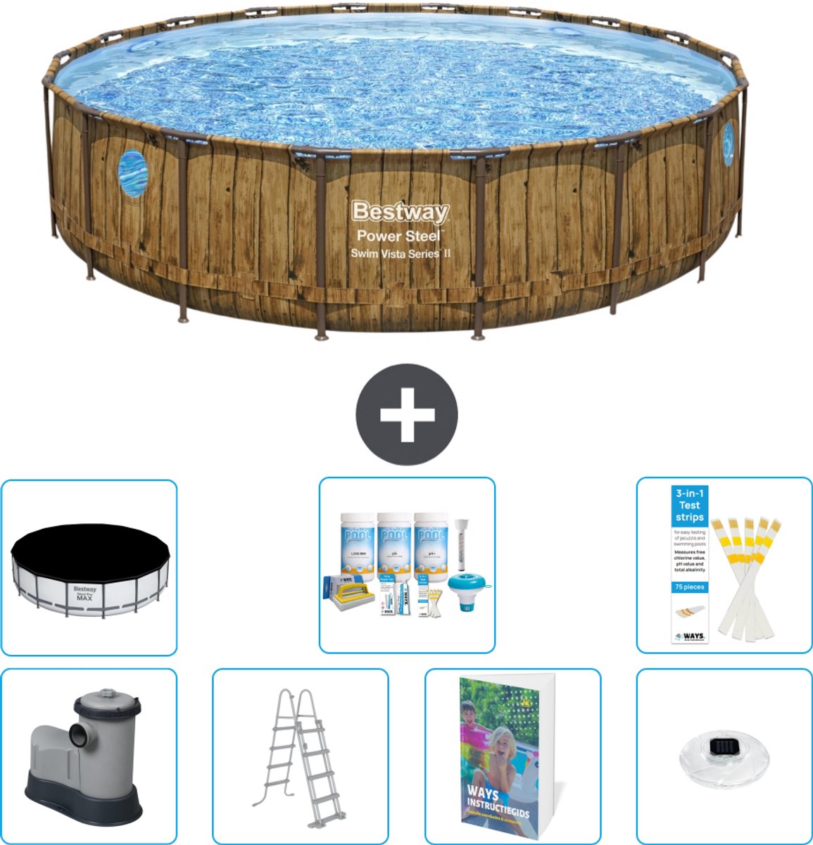 Bestway Rond Power Steel Swim Vista Zwembad - Houtprint - 549 x 122 - Inclusief Pomp - Ladder - Afdekzeil - Onderhoudspakket - Verlichting - 8-delig