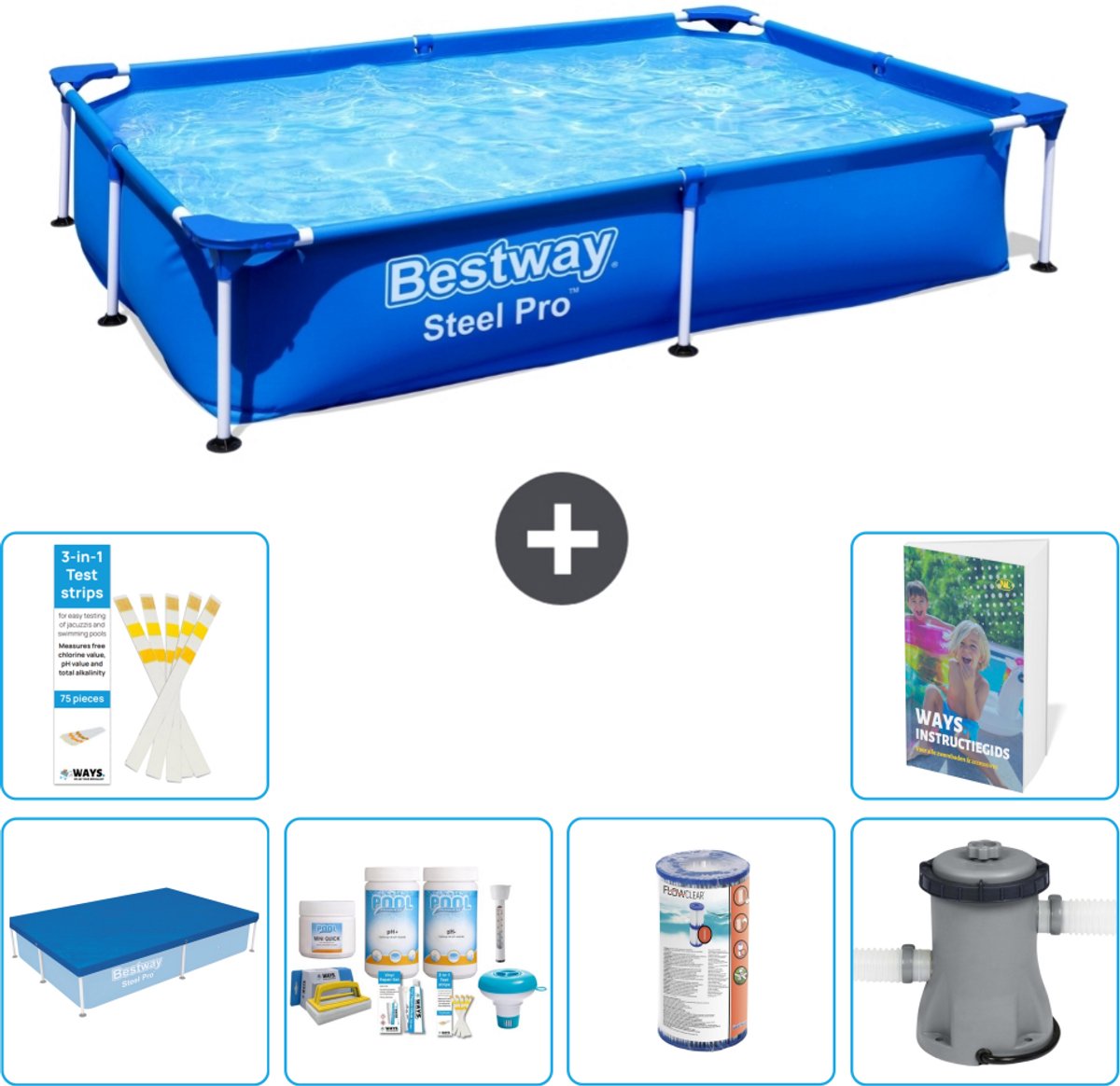 Bestway Rechthoekig Steel Pro Zwembad - 221 x 150 x 43 cm - Blauw - Inclusief Afdekzeil - Onderhoudspakket - Filter - Zwembadfilterpomp - 7-delig