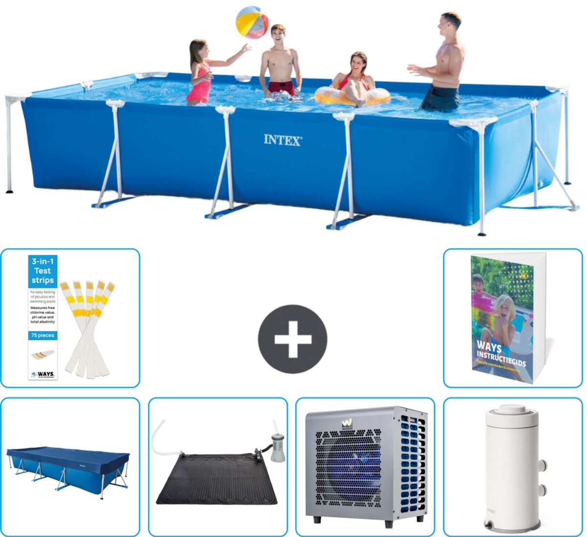 Intex Rechthoekig Frame Zwembad - 450 x 220 x 84 cm - Blauw - Inclusief Afdekzeil - Solar Mat - Warmtepomp - Zwembadfilterpomp - 7-delig