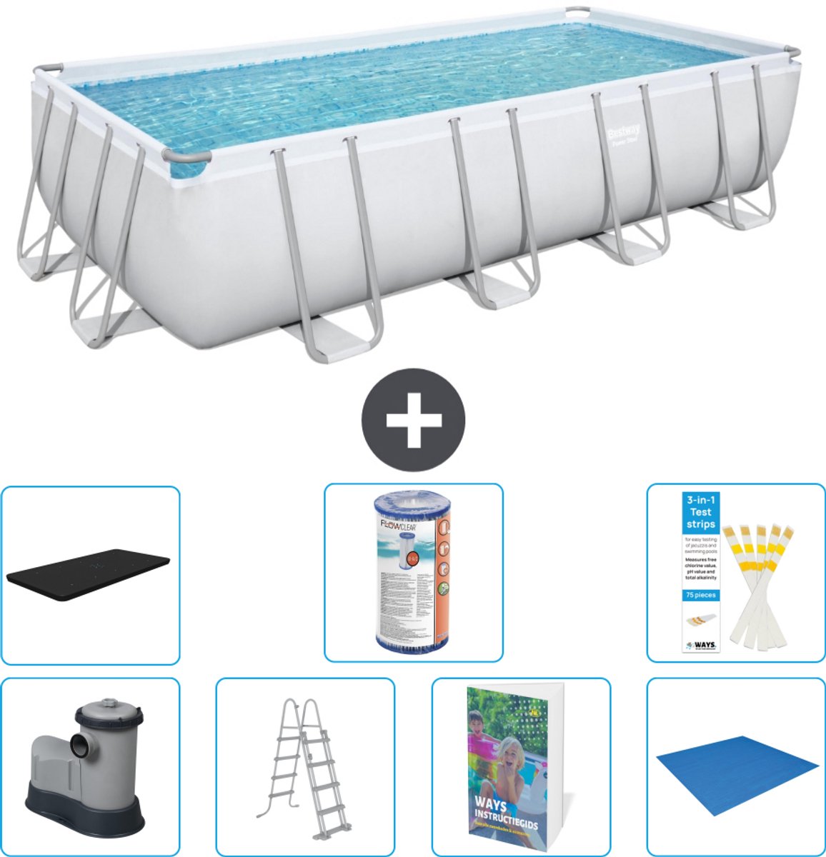 Bestway Rechthoekig Power Steel Zwembad - 549 x 274 x 122 - Grijs - Inclusief Pomp - Ladder - Afdekzeil - Filter - Grondzeil - 8-delig