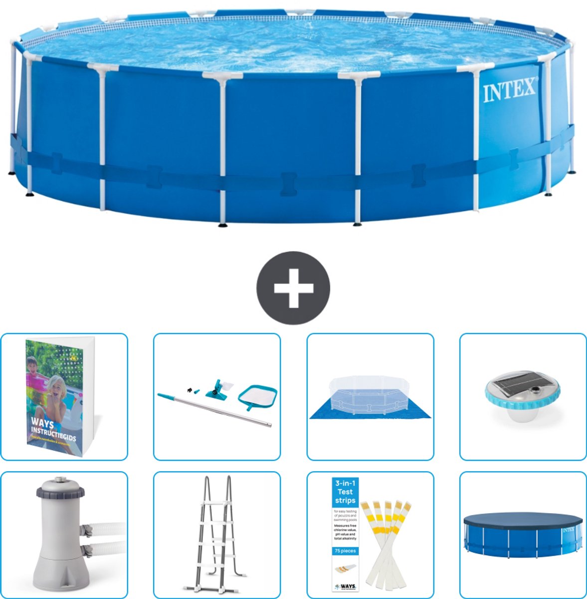 Intex Rond Frame Zwembad - 457 x 122 cm - Blauw - Inclusief Pomp - Ladder - Grondzeil - Afdekzeil - Schoonmaakset - Verlichting - 9-delig